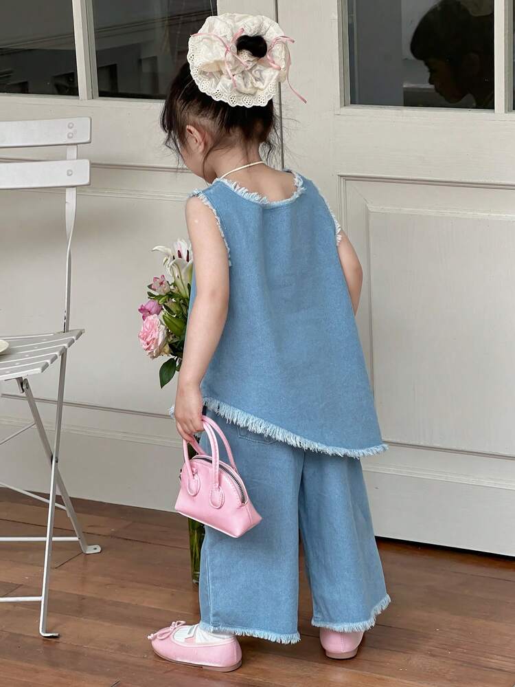 Toddler Girls' Round Neck Washed Sleeveless Shirt With Casual Wide Leg Denim Jeans