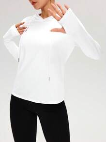 SHEIN Cheerettes Solid Color Hooded Pullover White Long Sleeve Casual Sports Sweatshirt, Spring/Fall