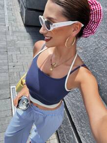 SHEIN Unity 女士度假休闲撞色二合一吊带背心 - 藍色 - 查看 5