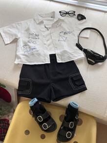 DAZY Young Boy Casual Math Formula Print Short Sleeve Shirt - White - View 8