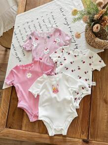 SHEIN LMoss Kids 4pcs Newborn Baby Girl Cute Knitted Rabbit & Ditsy Floral Short Sleeve Bodysuit Set, Summer Graphic