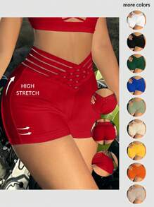 SHEIN SXY Women's Summer Low Waist Solid Color Hollow-Out Sexy Shorts - Red - View 8