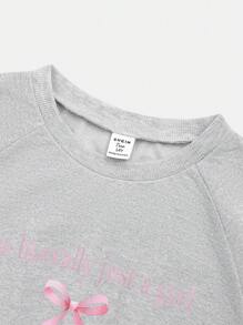 Vestido largo plegado con cintura marcada, cuello redondo, letras y decoración de lazo para adolescentes/niñas, vestido de verano casual de punto cómodo - Gris - Ver 4