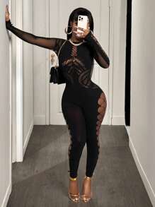 BamGleam Women's Long Sleeve Sexy Hollow Out Mesh Jumpsuit Fall Cloth For Women - Black - View 1