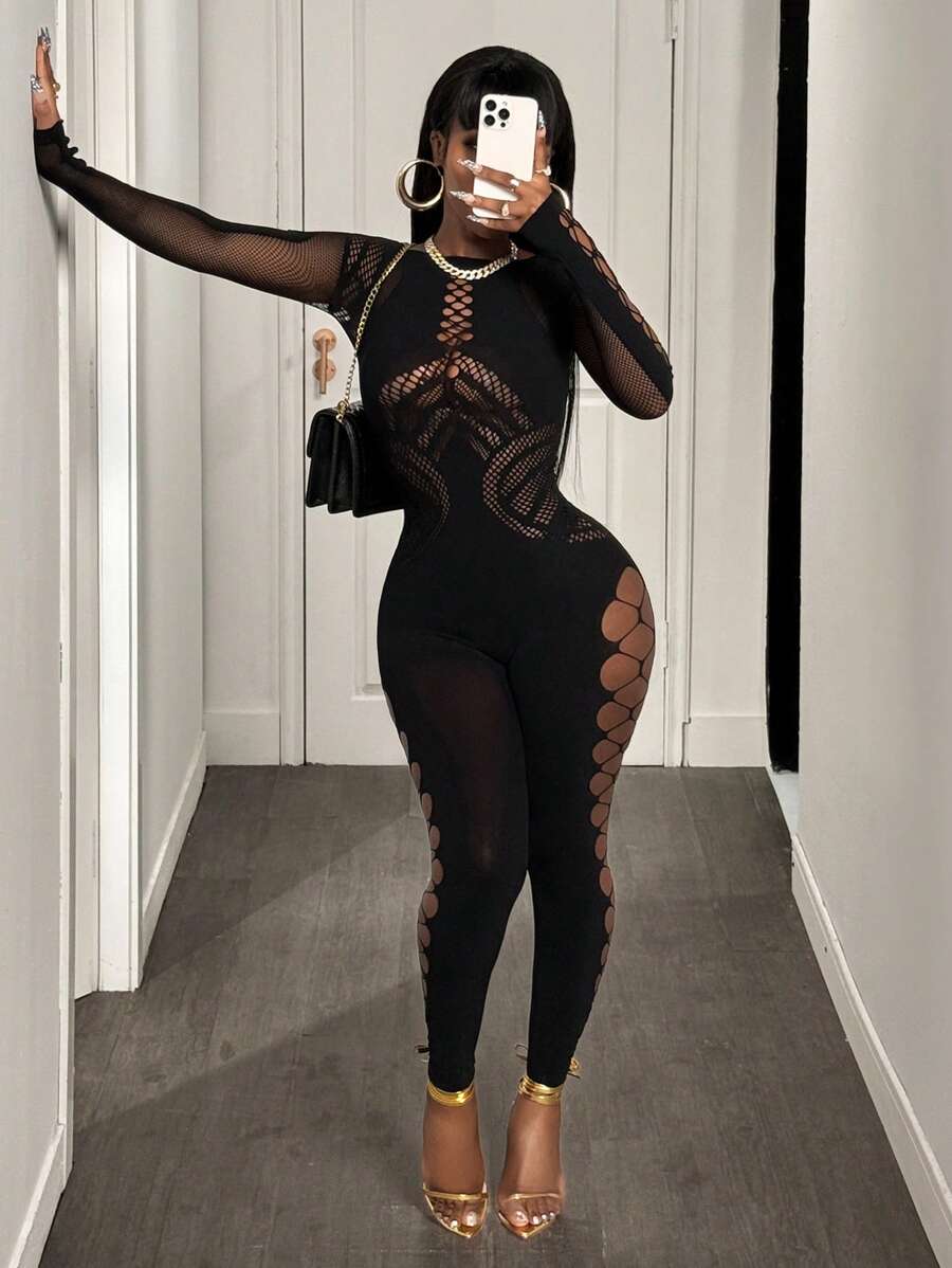 BamGleam Women's Long Sleeve Sexy Hollow Out Mesh Jumpsuit Fall Cloth For Women - Black - View 1