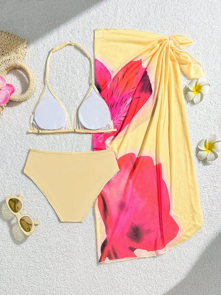 Teen Girls Floral Print Bikini Swimwear Set With Beach Skirt - Multicolor - View 1