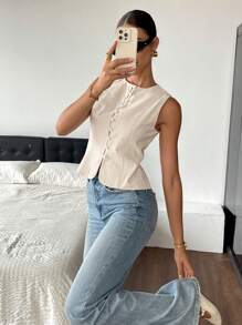 Siren Gaze Women's Sleeveless Solid Color Textured Fabric Button-Up Shirts, Summer