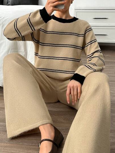 EURMUSE Women Striped Sweater And Sweater Pant Two Pieces Set Outfit 2pcs Cozy Soft Touch Sweater Sets For Women Two Piece Sweater Set Striped Sweater Set Womens Lounge Set Comfy Knit Set,Winter Clothes