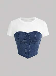 SHEIN MOD MOD Women White Knitted Patchwork Blue Denim Round Neck Short Sleeve Cropped Top,Summer Top