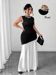 Elenzga Summer Fashionable French Retro Elegant Pearl Collar Color Block Waist Fitted Dress Women Plus Clothing Business Casual Women Casual Dress Women Birthday Outfit Women Dresses Birthday - Black - View 4