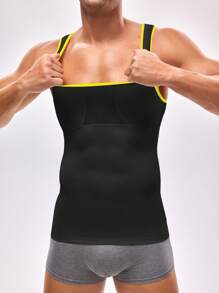 Men's Contrast Binding Breathable Elastic Compression Shapewear Top Slim Fit - Black - View 5