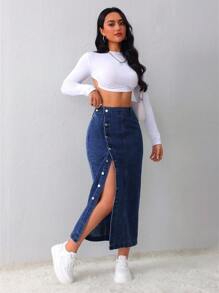 SHEIN Tall 女士牛仔裙休闲宽松侧开叉蓝色中长裙高腰女裙浅蓝色裙子蓝色裙子冬季女装 - 深色水洗藍 - 查看 3