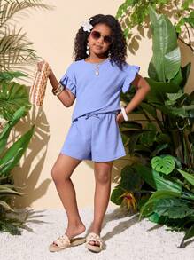 2pcs/Set Tween Girl Short Sleeve Top & Elastic Waist Shorts Casual Holiday Outfit