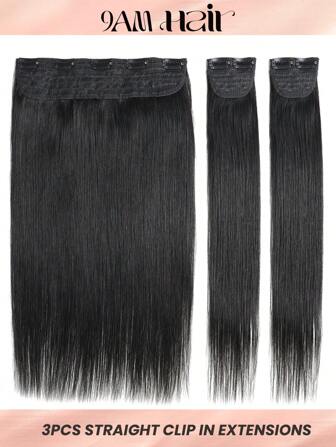 3Pcs Clip In Hair Extensions Real Human Remy Black For Women Silk Straight Double Weft Thick Hair Hairpiece
