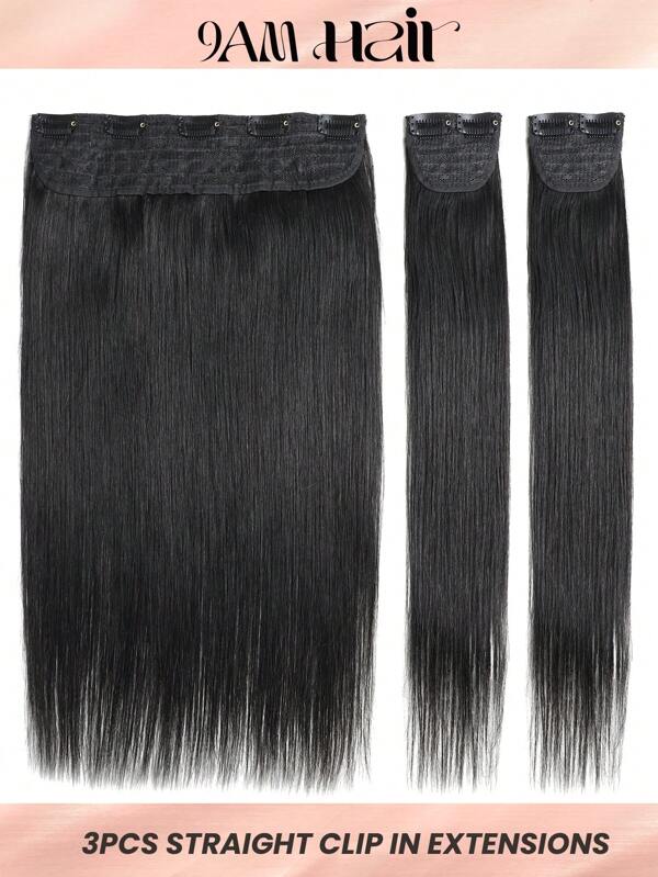 3Pcs Clip In Hair Extensions Real Human Remy Black For Women Silk Straight Double Weft Thick Hair Hairpiece