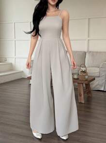 INAWLY 女式夏季纯色褶皱阔腿休闲连体裤