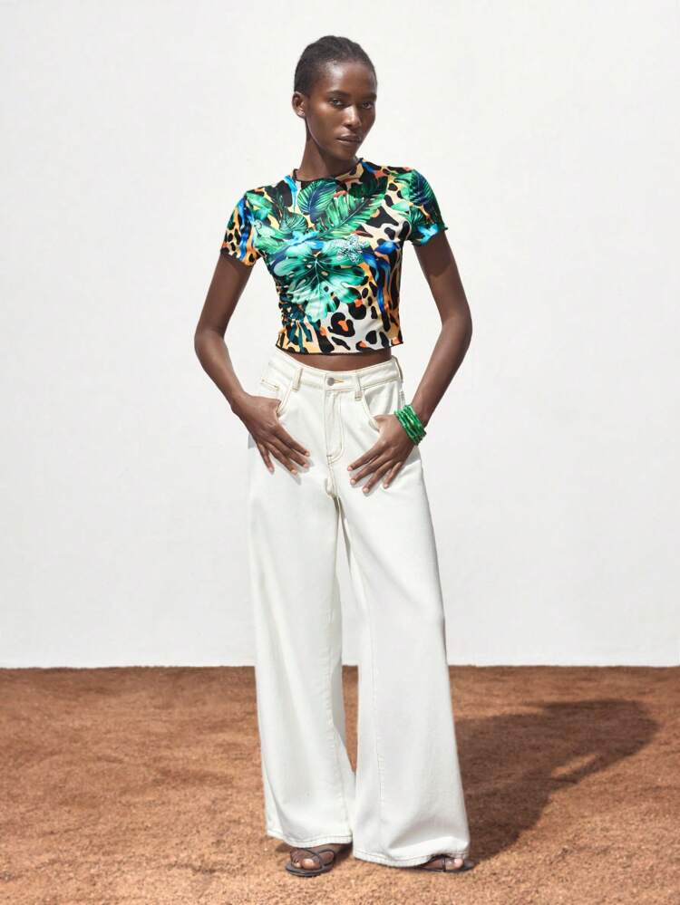 SHEIN Maija 2025년 여름 신상 열대 우림 치타 프린트 스타일리시 캐주얼 반팔티, 도시 통근, 우아하고 낭만적인 여가, 파티, 해변, 음악 페스티벌, 브런치, 사무실, 졸업식, 세인트존 이브에 적합