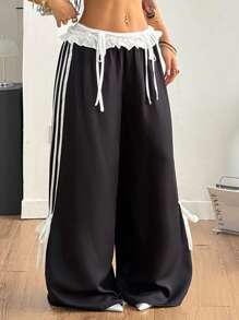 Coolane Women's Summer  Black To School Cute Y2K Party Lace Bow Mid Rise Straight Black Pants - Black - View 5