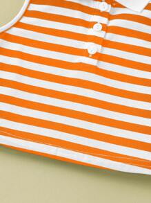 Young Girl Striped Polo Collar Form-Fitting Casual Crop Top - Orange - View 4