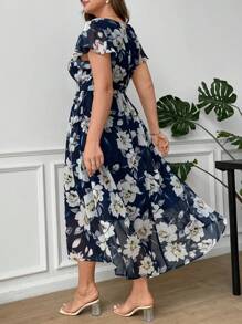 Ellevyn Plus Size Elegant Floral Print Dress,Navy Blue,Summer,Wedding Bridal Guest,Graduation Dresses For Women,Prom Party,Birthday,Graduation Outfit,Black - Multicolor - View 3