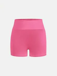 SHEIN 4 条青少年女孩休闲纯色高腰运动瑜伽短裤，春夏 - 玫紅色 - 查看 7