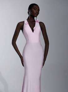 Elitara Elegant Pink Luxurious Knitted Mermaid Hem Dress,Handmade Floral Decor Plunging V-Neck Off Shoulder Evening Gown For Formal Occasion,Ceremony & Party - Pink - View 4