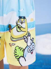 SEALOOK X SHEIN Young Boy Cartoon Seal Beach Ocean Blue Breathable Casual Shorts - Blue - View 4
