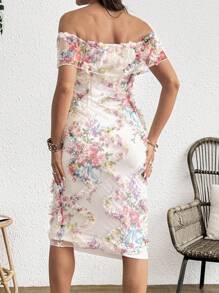 SHEIN Váy bầu lưới thêu hoa 3D thanh lịch, giản dị, mơ mộng - Nhiều màu - Xem 2