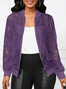 SHEIN Lady Women's Lightweight Black Lace Baseball Jacket Coat