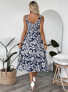 EMERY ROSE Women's Floral Print Square Neck Sleeveless Midi Dress, Holiday Wear Vacation Dress - Blue - View 2