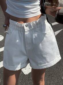 DAZY 女式宽松直筒度假翻边牛仔短裤 - 白色 - 查看 7