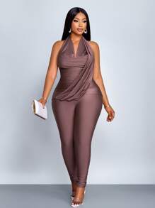 SOLERSUN 女式加大码春夏两件套纯色露背吊带上衣和褶皱紧身裤休闲嬉皮套装 - 棕色 - 查看 1