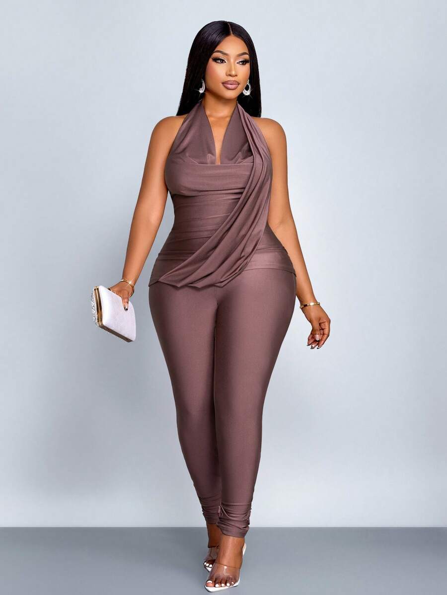 SOLERSUN 女式加大码春夏两件套纯色露背吊带上衣和褶皱紧身裤休闲嬉皮套装 - 棕色 - 查看 1