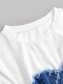 SHEIN MOD Women's Casual Denim Patchwork Short Sleeve Tight Fit Top - Medium Wash - View 3