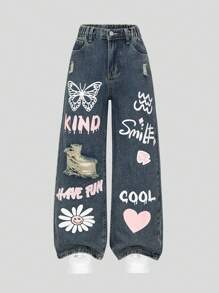 SHEIN Jeans de mezclilla casual y sencillo con estampado y rotos para adolescentes, en azul medio - Azul lavado oscuro - Ver 1