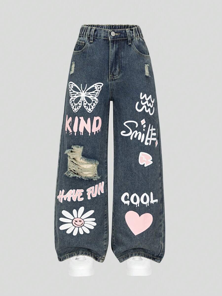 SHEIN Jeans de mezclilla casual y sencillo con estampado y rotos para adolescentes, en azul medio - Azul lavado oscuro - Ver 1