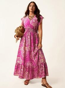 SHEIN LUNE 大码女式夏季宽松休闲风格连衣裙，玫瑰粉色舒适合身几何图案 V 领蕾丝袖腰部松紧带束腰 Chillax 连衣裙女式波西米亚连衣裙女式太阳裙 - 彩色 - 查看 1