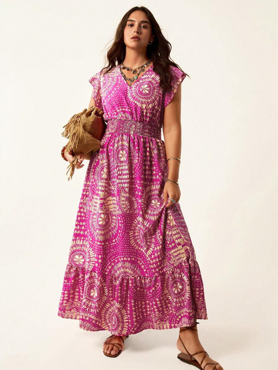 SHEIN LUNE 大码女式夏季宽松休闲风格连衣裙，玫瑰粉色舒适合身几何图案 V 领蕾丝袖腰部松紧带束腰 Chillax 连衣裙女式波西米亚连衣裙女式太阳裙 - 彩色 - 查看 1