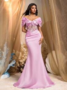 Glamrae Vestido de noche formal de satén de lujo con bordado de cuentas, manga murciélago, drapeado y bajo de cola de pez para mujer - Rosa Pálido - Ver 6