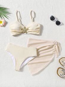 青少年女孩 3 件套贝壳流苏泳衣套装，海滩度假比基尼