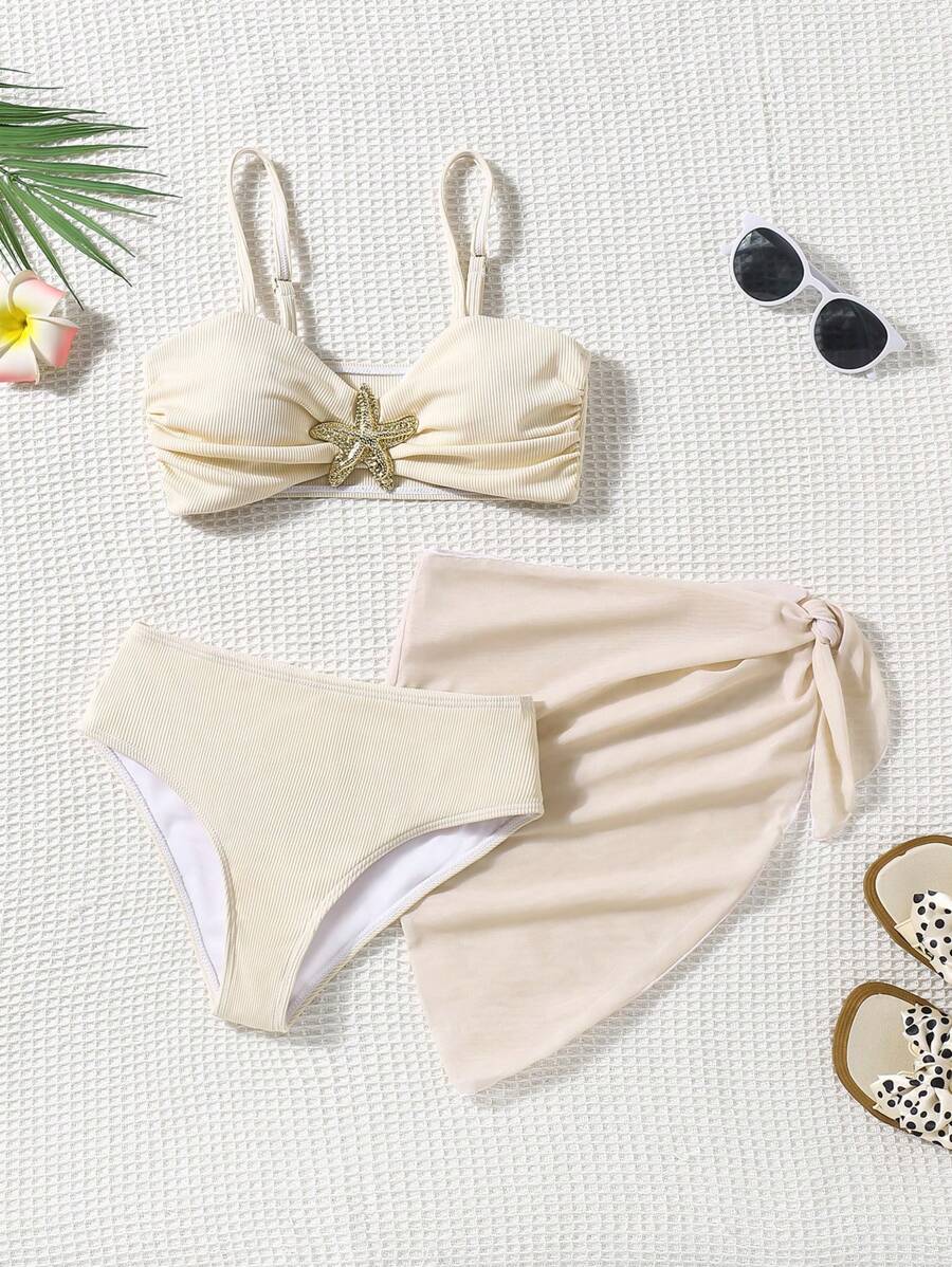 青少年女孩 3 件套贝壳流苏泳衣套装，海滩度假比基尼