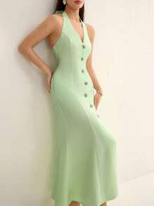 Femmeiva Sleeveless Single-Breasted Dress With Fishtail Hem For Women Elegant FashionableOld Money Style  For Summer Spring Fall Autumn - Green - View 6