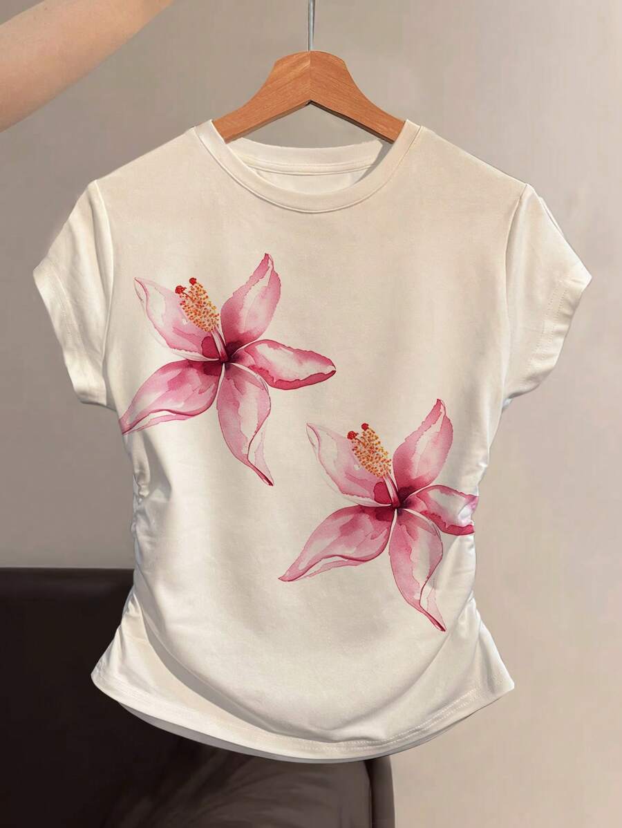 INAWLY Women Round Neck Floral Print Ruched Waist T-Shirt, Fashionable & Versatile, Summer - Multicolor - View 1