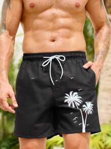 Manfinity VDAYZ Men's Palm Tree Print Drawstring Waist Beach Shorts - Black - View 4