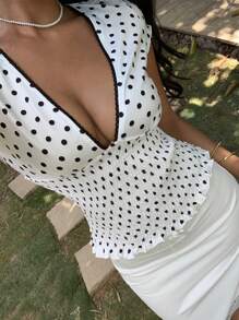 SHEIN EZwear 女士褶皱波点印花T恤，夏季 - 黑與白 - 查看 1