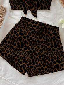Soleia 2件套女士夏季时尚豹纹前系带抹胸上衣和短裤套装 - 彩色 - 查看 5