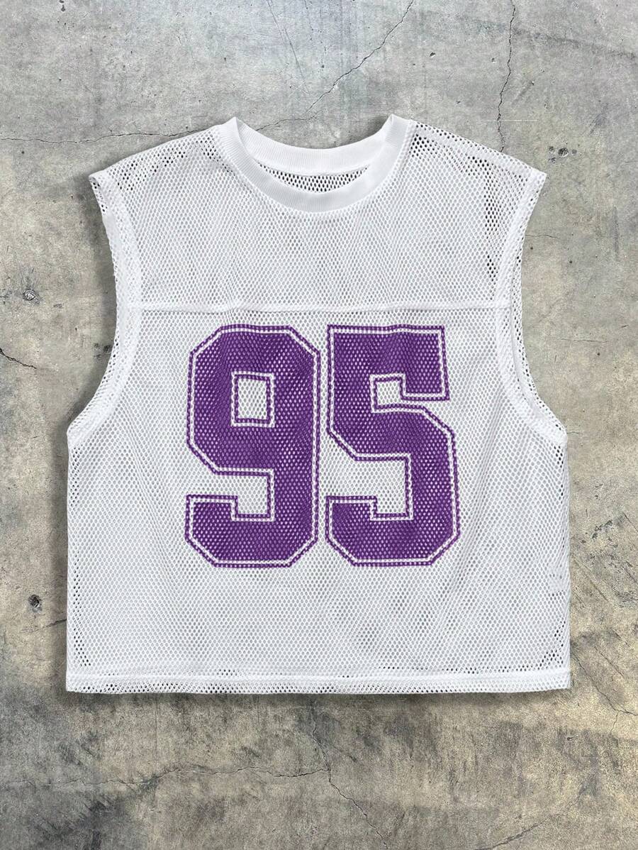 AXEPEAK Men's Mesh Printed Digit '95' Crew Neck Tank Top, Streetwear Style - Purple - View 1