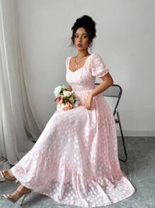 Modelyn Váy mùa hè ngọt ngào thanh lịch bằng vải jacquard tay bồng cho nữ, viền loe - Hồng - Xem 8