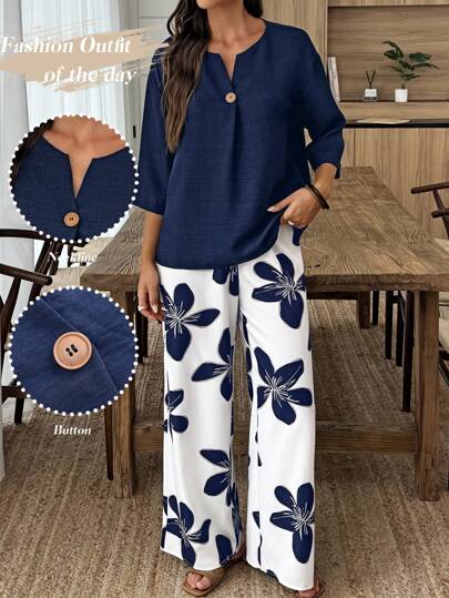 Louniche Conjunto de camisa de unicolor y pantalones con estampado floral para vacaciones