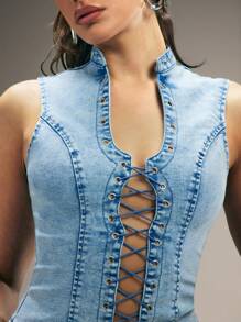 Denimoi Denim Top Open Front O-Ring Lace Up Sleeveless Top Denim On Denim Summer Outfits For Women Summer Style Concert Outfits Sexy Top - Light Wash - View 1